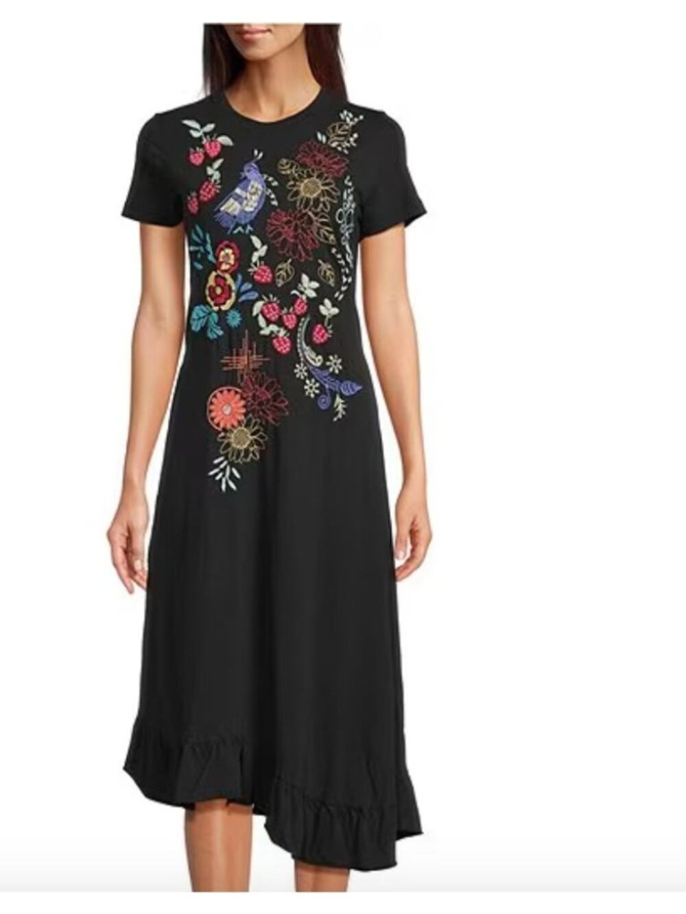 JOHNNY WAS Cora Embroidered Floral Knit Crew Neck Short Sleeve Asymmetrical Ruff